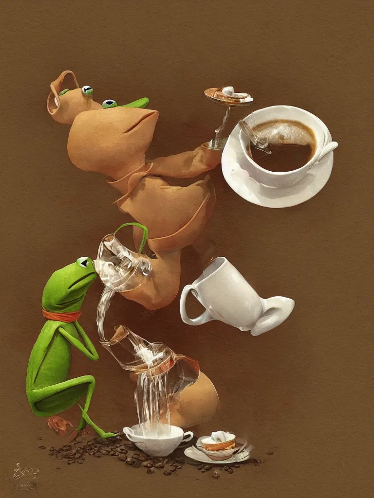 Image similar to kermit offers a cup of fresh steaming coffee, serene illustration, by Yoshita Amano, by Esao Andrews, sharp focus, fresh colors, conceptart, trending on artstation