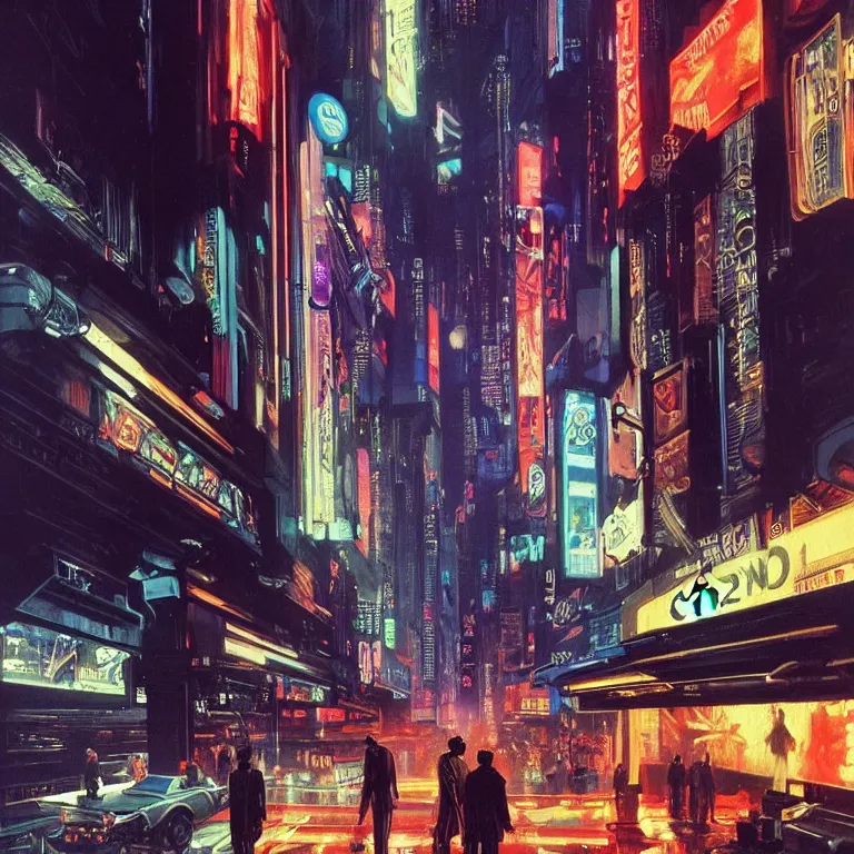 Prompt: scene of city night life with people dressed in futuristic clothes, cyberpunk designs, futuristic vehicles, automations, and faint glows of vivid color, cinematic, highly detailed, intricate, hd quality, realism, from blade runner concept art, renaissance painting, by syd mead and edward hopper