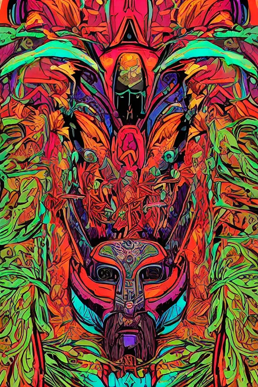 Image similar to animal mask totem roots flower tribal feather gemstone plant wood rock shaman vodoo video game vector cutout illustration vivid multicolor borderlands comics by josan gonzales and dan mumford radiating a glowing aura