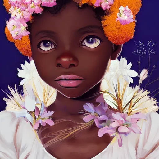 Image similar to little african girl with flowers in hair wearing an white dress. art by ilya kuvshinov, profile picture, inspired in hirohiko araki, realistic, highly detailed, 8 0 s anime art style, vogue cover