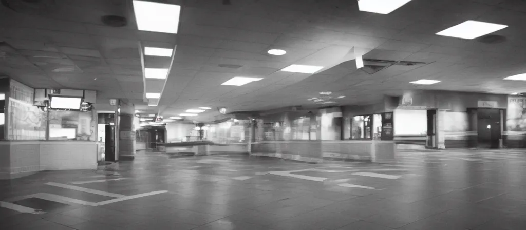 Image similar to circa 2 0 0 2 1 3 mm film photograph of an empty mcdonalds, liminal, dark, flash on, blurry, grainy, unsettling