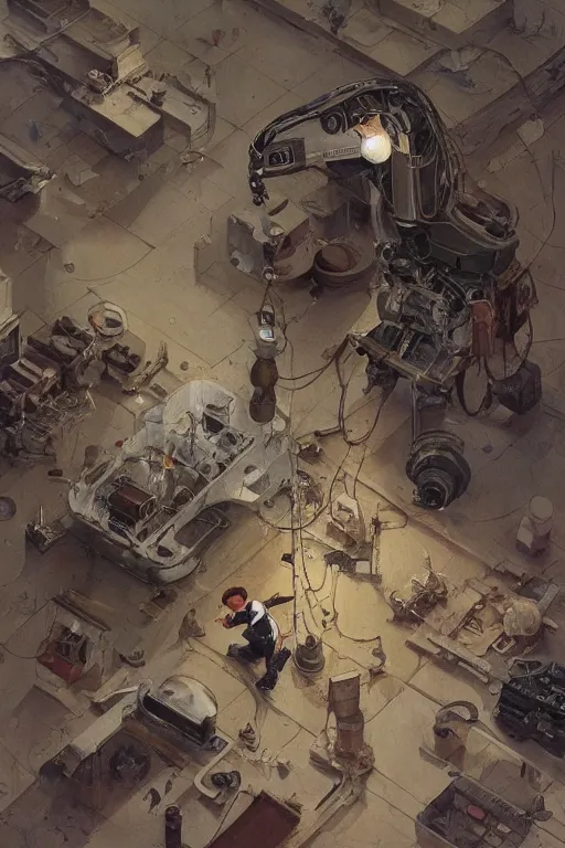 Prompt: a boy fixing his robot, part by Norman Rockwell, part by Greg Rutkowski , part by Mattias Adolfsson, high angle, isometric, oil on canvas