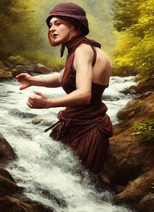 Image similar to photo of a gorgeous old young woman dressed as a man, climbing a river in the style of stefan kostic, realistic, sharp focus, 8k high definition, insanely detailed, intricate, elegant, art by stanley lau and artgerm