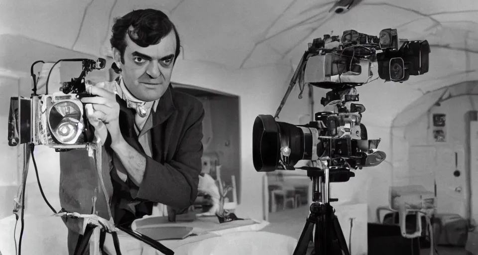 Image similar to a 1960s portrait photo of Stanley Kubrick on a movie set of the moon, 8K HD, old photo, highly detailed