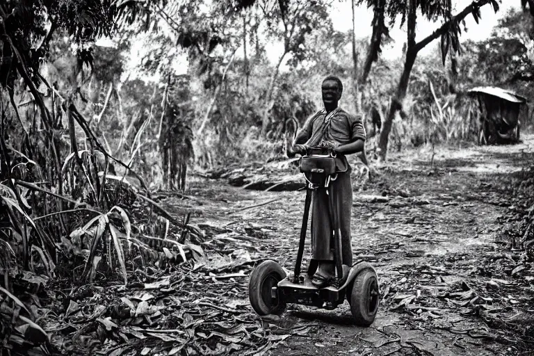 Image similar to a colonial closeup photograph of a Segway in a village at the river bank of Congo , Thick jungle, scary, evil looking, wide angle shot