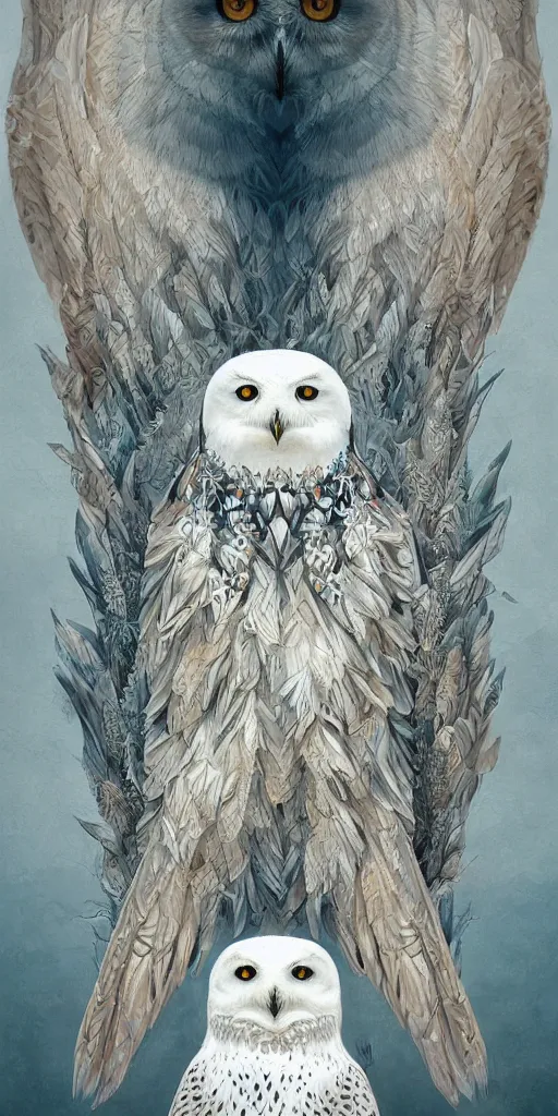 Image similar to portrait of a geometric snowy owl, identical eyes, medium shot, illustration, full body made of white feathers, lily flower quebec flag, symmetrical, art stand, super detailed, cinematic lighting, and its detailed and intricate, gorgeous, by peter mohrbacher