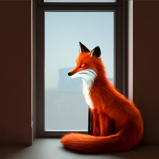 Prompt: beautiful humanoid fox detective in an restaurant, hyperrealism, moonlight through window. fine art, masterpiece 3 d render, octane render, 4 k