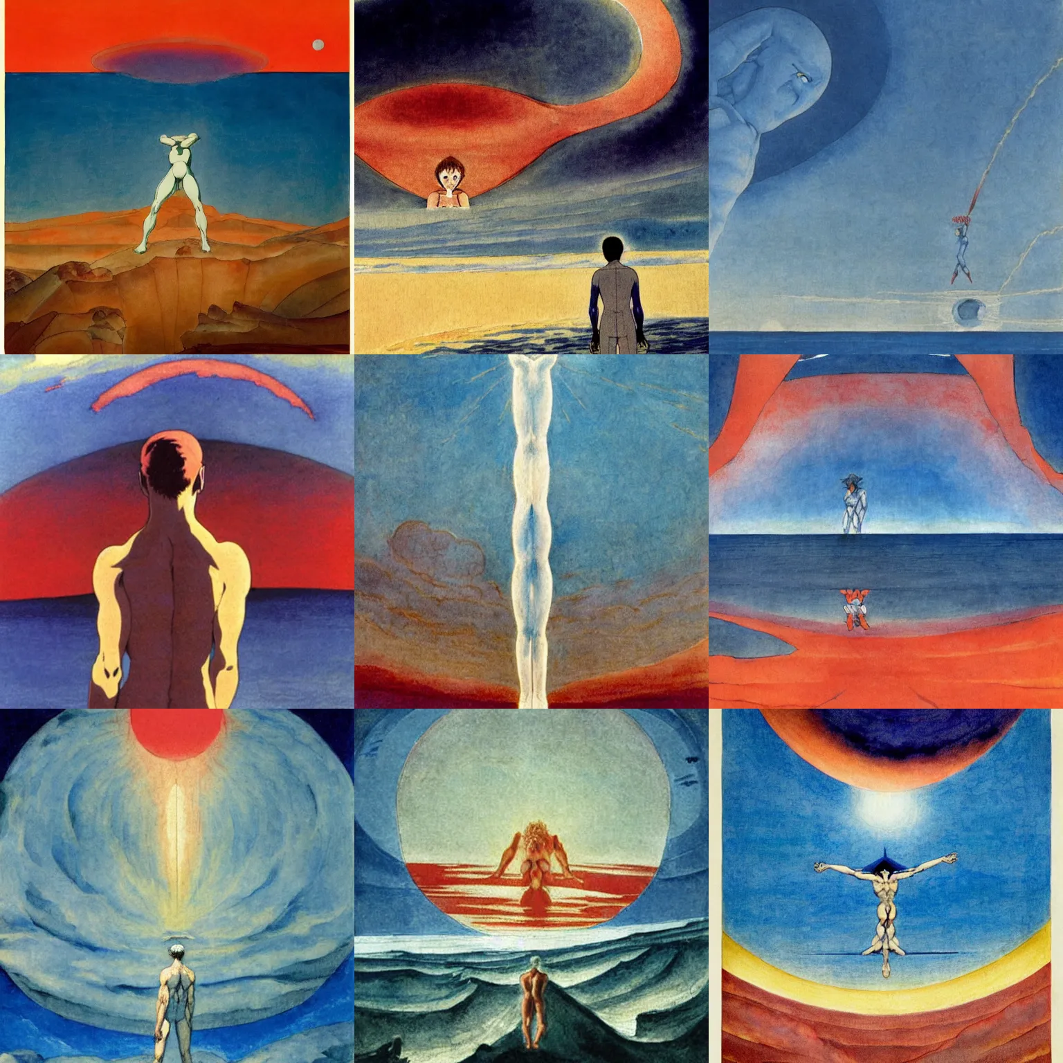 Prompt: end of evangelion poster, a gigantic pale blue head on the horizon looking upward, red ocean, sandy beach, painted in watercolor by william blake, 1 8 2 6.