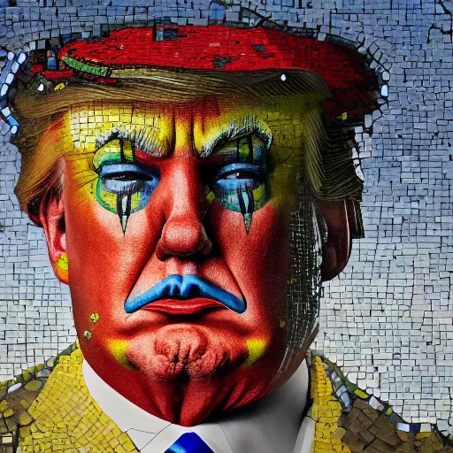 Image similar to mosaic portrait of clown trump into the sky by greg rutkowski, 4k, intricate details, dichotomy