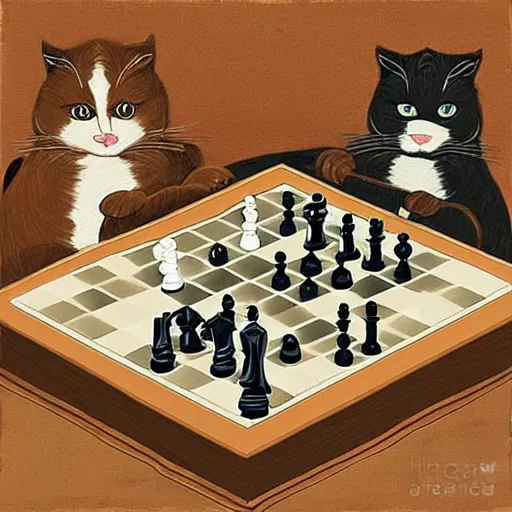 Image similar to two cats playing chess, in the style of Da Vinci