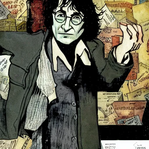 Prompt: in one frame Harry Potter in The Sandman comic, by Neil Gaiman, by Dave McKean, comics Sandman, small details, clear faces, high detail