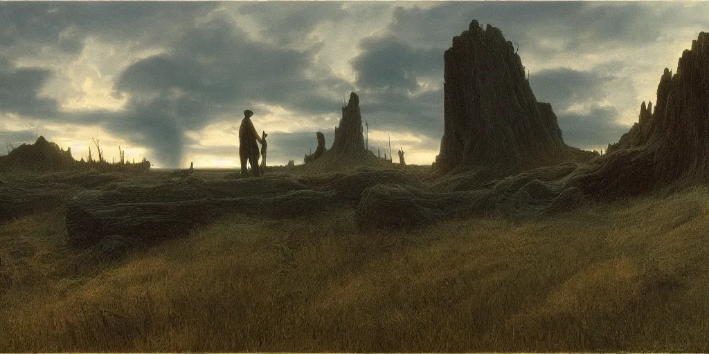Prompt: Concept Art of cinematography of Terrence Malick film by Caspar David Friedrich