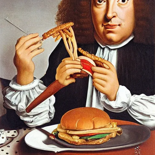 Image similar to painting portrait of louis xiv eating hamburger by lucian freud and bob bottin and reubens