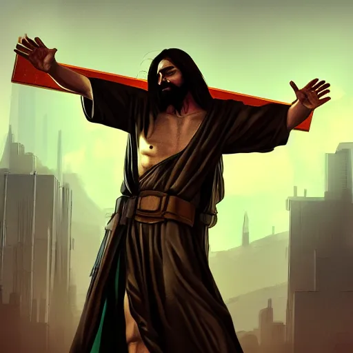 Prompt: Cyberpunk Jesus on the cross, digital art, trending on ArtStation