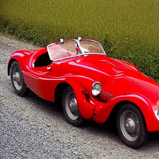 Image similar to photograph of a red Ferrari 166 MM car driving on a country road. a gleaming red barchetta from a better vanished time.