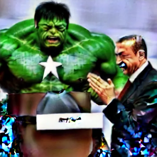 Image similar to recep tayyip erdogan and the hulk making a public speech