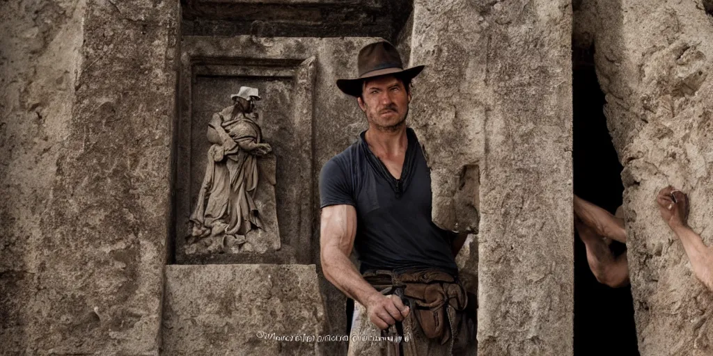 Image similar to film frame of fabio rovazzi taking a trasure from an ancient temple. indiana jones style 4 k quality rule of thirds fabio rovazzi dressed as indiana jones detail cinematic color grading by christopher nolan. portrait photography. close shot