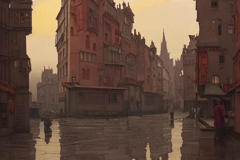 Prompt: view of the old grey city and its winding streets still wet after a storm, tall windows lit up, beautiful ornamental architecture, dramatic cinematic lighting, rich colors, by Nicholas Roerich and William Dyce and ford madox brown and April Gornik and Sylvain Sarrailh and Ludwig Deutsch and Diego Rivera, featured on artstation