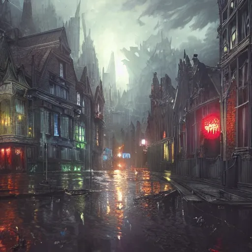 Prompt: a painting of arkham city, ultra realistic, concept art, intricate details, night, thunder, raining, eerie, highly detailed, full coloured, dark fantasy, photorealistic, octane render, 8 k, unreal engine 5. art by artgerm and greg rutkowski and alphonse mucha