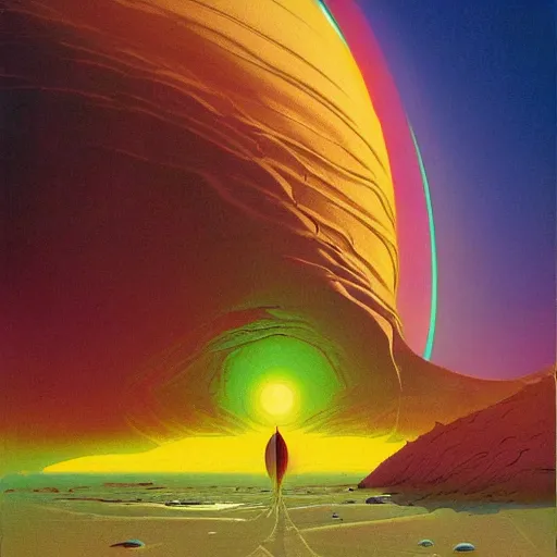 Image similar to a desert and an ocean on a strange planet, by bruce pennington, by sam freio, by thomas rome, by victor mosquera, juxtapoz, behance, dayglo, prismatic, iridescent