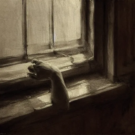 Image similar to weathered hands resting on a window sill, soft light, by jeremy mann, anders zorn.