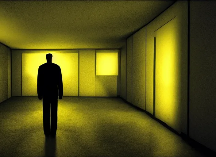 Image similar to man in a luminous yellow [ liminal room ]!!, 4 k photorealism, horror - esque, eerie atmosphere, dark - bright lighting