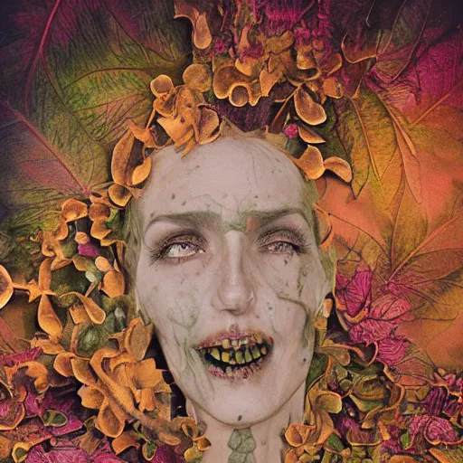 Image similar to a beautiful detailed front view portrait of a rotten woman corpse with fractal plants and fractal flowers growing around, volumetric light, beautiful lit, polaroid photography