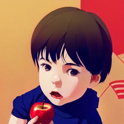 Image similar to portrait of little boy wearing nazi uniform eating an apple by ilya kuvshinov and anna dittmann and studio ghibli and wlop and rossdraws, digital art, trending on artstation, anime arts, featured on pixiv, blue lighting, hd, 8 k, highly detailed, good lighting, beautiful, epic, masterpiece