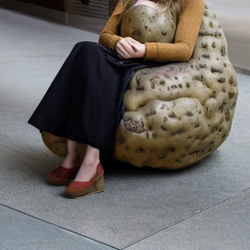 Image similar to elizabeth olsen sitting in a hollowed out potato, elizabeth olsen in a potato suit, on the walkway