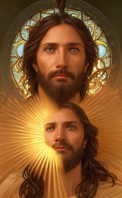 Image similar to Portrait of Jesus with a divine halo, intricate, headshot, highly detailed, digital painting, artstation, concept art, sharp focus, cinematic lighting, illustration, art by artgerm and greg rutkowski, alphonse mucha, cgsociety