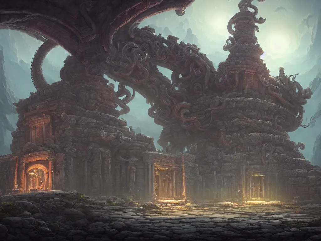Prompt: A picture of a mysterious ancient temple with tentacles coming out of the massive entrance art by Jordan Grimmer and Tyler Edlin, ominous, cosmic horror, trending on artstation, Ultra detailed, hyper realistic, 4k