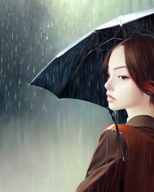 Image similar to A ultradetailed beautiful portrait panting of a stylish girl with an umbrella, rainy day, Oil painting, by Ilya Kuvshinov, Greg Rutkowski and Makoto Shinkai