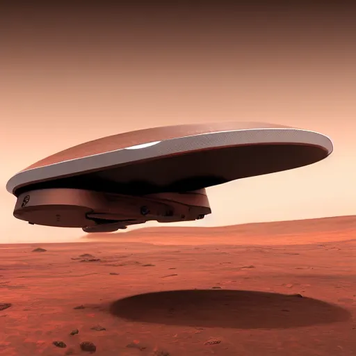 Image similar to A futuristic flying vehicle hovering the surface of Mars, mood lighting, Behance, digital art