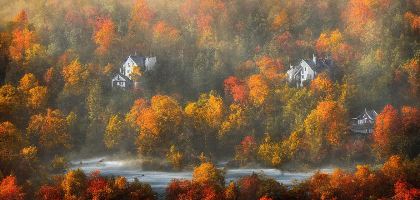 Image similar to a painting of sparse stone cottages underneath a dense tall forest, with pristine reflex from cascading ponds. gorgeous, elegant, sophisticated, an ultrafine painting, intricate brush strokes, bright depth oil colors, photography by araken alcantara. mist diffuse promiseful illumination, autumn sunrise warm light, detailed and intricate environment of hopeful bodyscapes