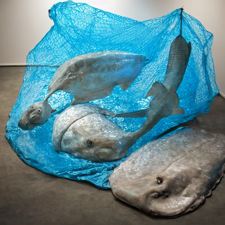 Image similar to hyperrealistic sculpture of a bronze fossilized flounder halibut in a large mesh bag made of blue silicone and latex on a pedestal by ron mueck and duane hanson and lee bontecou, hyperrealistic dramatic colored lighting trending on artstation 8 k