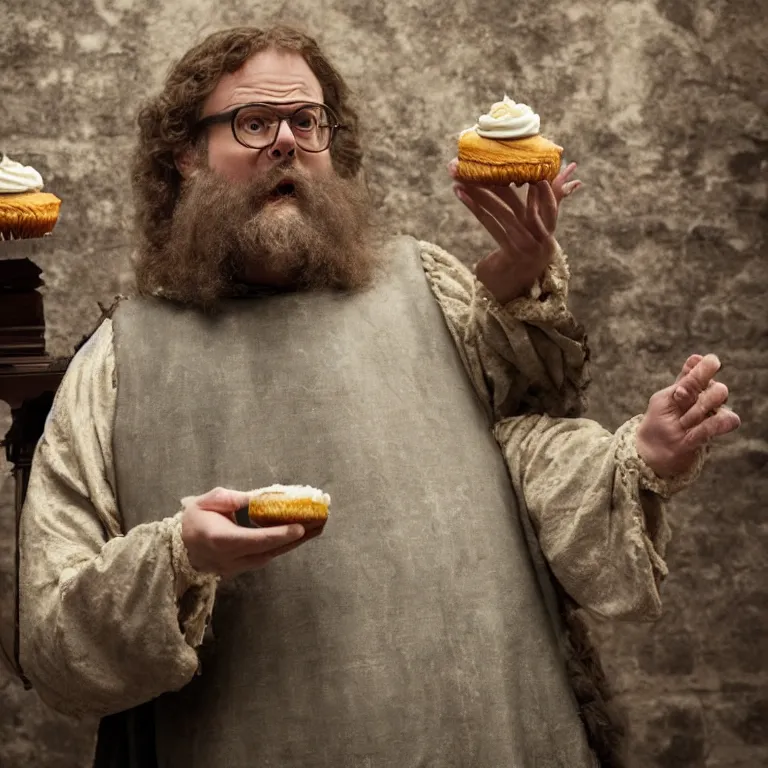 Prompt: brightly lit historically inaccurate comedy medium shot film still of ( rainn wilson plays king alfred ) king alfred eating a cupcake that is too big in a medieval comedy titled'the hijinx of king alfred ', directed by john landis, colorful lighting high contrast, hyperrealistic shocking detail trending on artstation 8 k