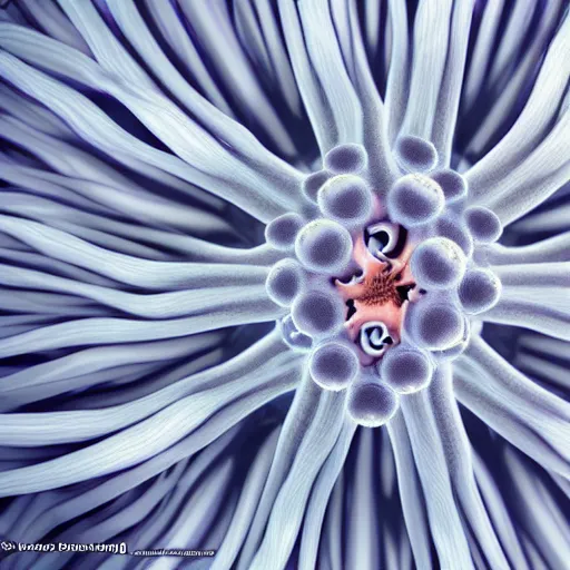 Image similar to hyper realistic photography of polyp medusae hybrid cinematic, symmetric detailed,