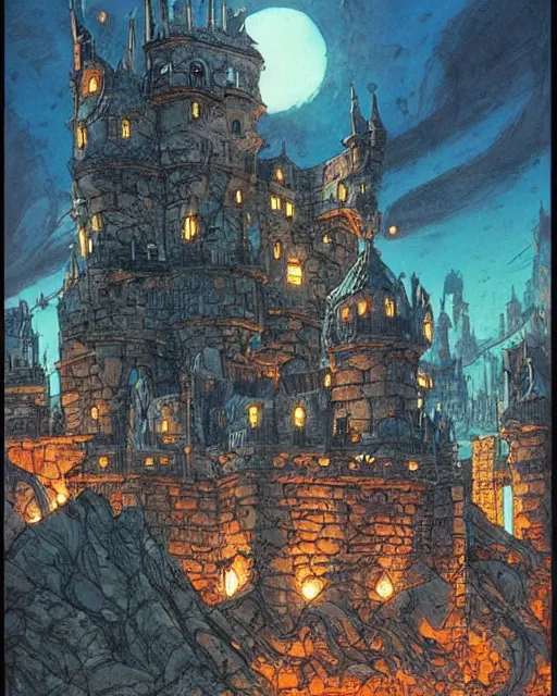 Image similar to beautiful comic book art of a fantasy castle by alan lee and simon bisley, robots in the background by simon stalenhag and jack kirby