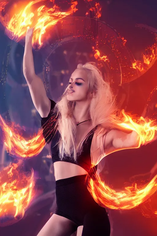 Prompt: young blonde woman with flames dancing on her hands with a long jacket in a cyberpunk city, realistic, high definition, 4K, shimmering color, epic digital art