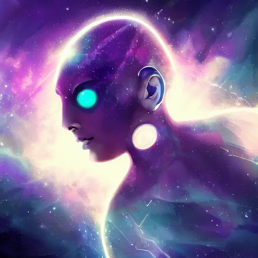 Prompt: geometric with galaxy eyes in space, nebula in the background, intricate, elegant, highly detailed, digital painting, artstation, concept art, smooth, sharp focus, illustration, art by artgerm