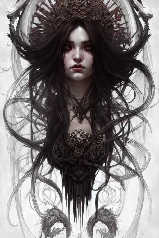 Image similar to horror, dark fantasy, intricate, elegant, highly detailed, digital painting, artstation, concept art, matte, sharp focus, illustration, art by artgerm and alphonse mucha