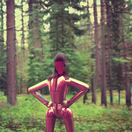 Prompt: sexy robot lady dancing, real photo, kodak film, color, forest in the background