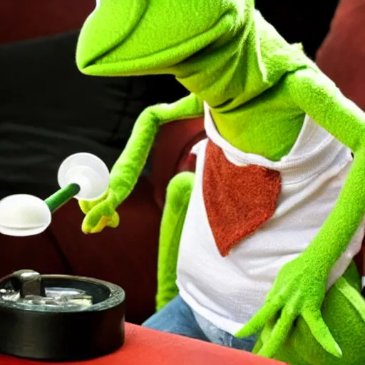 Image similar to candid photo of kermit the frog sitting on the couch smoking out of a bong, kermit the frog in ted ( 2 0 1 2 ) bong rip, kermit the frog, high resolution photo, trending on artstation, interior design, bong rip,