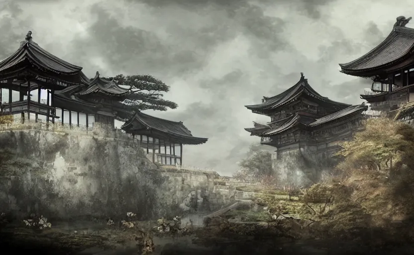 Image similar to detailed digital painting of old, ruined, japanese fort from sengoku period, overcast weather, environment concept art, photobash, overcast weather, unreal engine render, nanite