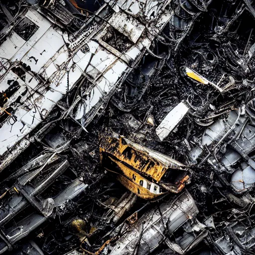 Image similar to airborne view, crashed cargo ship leaking mysterious black slime, black gooey liquid leaking out of crashed cargo ship, apocalyptic, ruined, container ship, crashed, 8 5 mm f / 1. 4