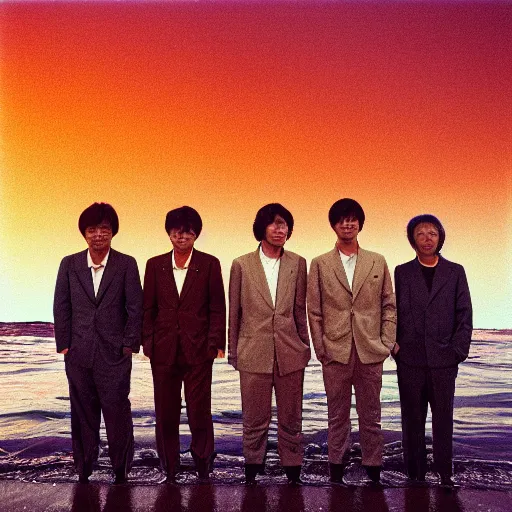 Prompt: five japanese men wearing beige suits and blue jeans standing in the ocean, sunset, night, wide shot, ((yellow magic orchestra)), ((tatsuro yamashita)), album cover, 1981, grammy award winning