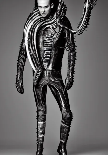 Image similar to an award - winning photo of an ancient male model wearing a plain designer menswear jacket inspired by h. r. giger designed by alexander mcqueen