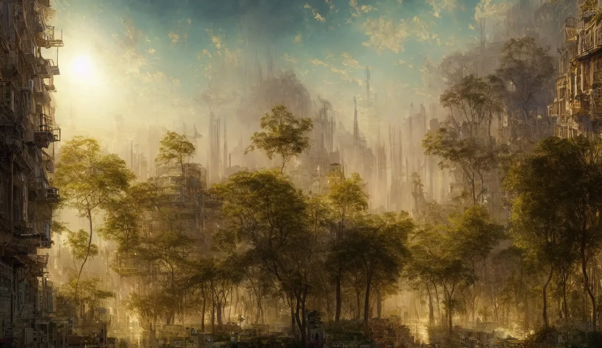 stabilityai/stable-diffusion · A solarpunk city, light, HD, pure, sharp  focus, nature, forest, city, utopian, 16:9