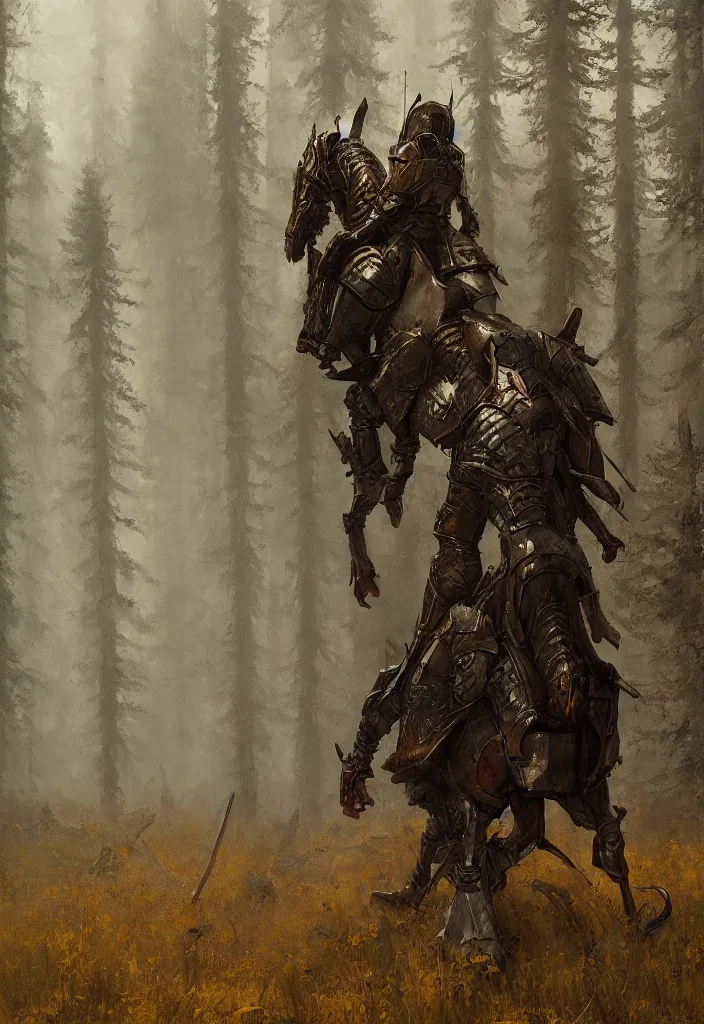 Image similar to a knight in armor standing in a dense burning forest, artstation, jakub rozalski, high detail