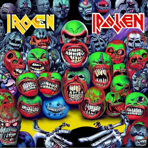 Image similar to 8 0's madballs toys on iron maiden album cover, 8 k resolution hyperdetailed photorealism